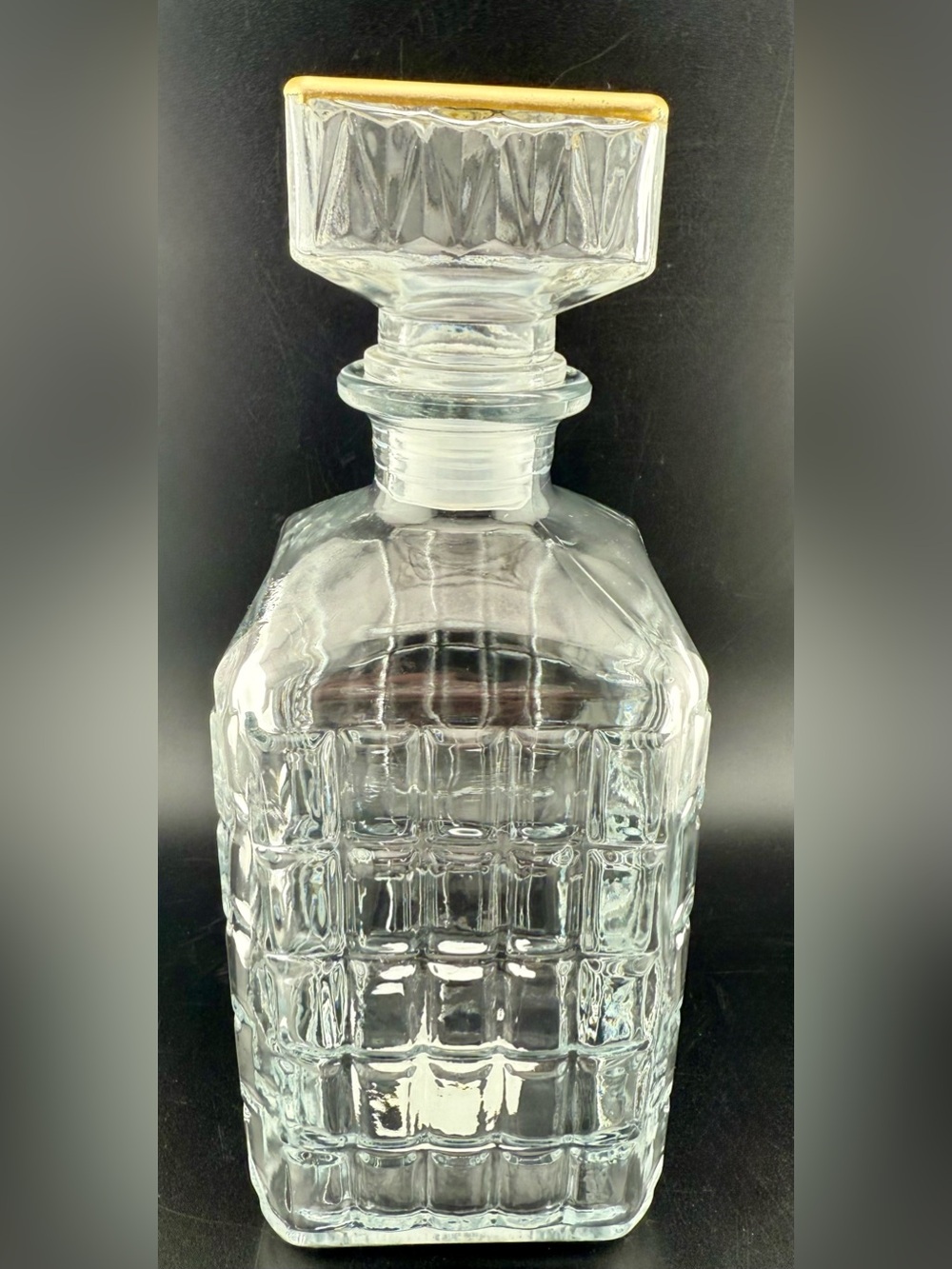 Glass Decanter 9”H. Cut glass with sealed lid and gold edges. New